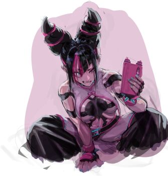  1girl armlet blue_nails bokkusu breasts collar commentary fingerless_gloves gloves hair_horns han_juri heterochromia holding holding_phone jewelry phone solo spiked_armlet spiked_collar spikes street_fighter street_fighter_6 