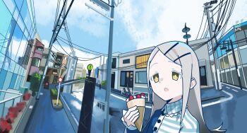  1girl blue_shirt building collared_shirt colored_eyelashes commentary_request flipped_hair food fruit gakuen_idolmaster grey_hair grey_sky hair_ornament hairclip highres holding holding_food house idolmaster krisame_amane long_hair looking_at_viewer open_mouth outdoors parallel_hairclips parfait parted_bangs power_lines real_world_location road road_sign scenery shinosawa_hiro shirt sidewalk sign sky solo strawberry street utility_pole wide_shot yellow_eyes 