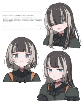  1girl absurdres alternate_hairstyle black_choker black_dress black_hair blue_eyes choker closed_mouth commentary_request dress fan_request grey_streaks hair_over_one_eye highres hololive hololive_dev_is juufuutei_raden juufuutei_raden_(1st_costume) lace lace_choker looking_at_viewer medium_hair multicolored_hair open_mouth request_inset shintakumin sidelocks smile solo streaked_hair translation_request virtual_youtuber white_background 