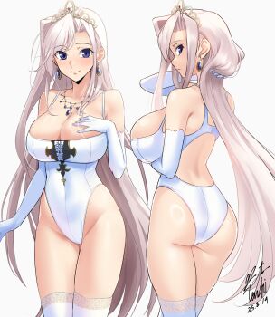  1girl arm_under_breasts ass blue_eyes blush breasts charlotte_hazellink closed_mouth commentary_request commission cowboy_shot dated earrings elbow_gloves gloves gluteal_fold grey_hair hand_on_own_chest highleg highleg_leotard highres jewelry large_breasts leotard long_hair looking_at_viewer multiple_views necklace one_side_up pixiv_commission princess_lover shiny_skin signature simple_background smile standing thigh_gap thighhighs tiara very_long_hair white_background white_gloves white_leotard white_thighhighs yoo_tenchi 
