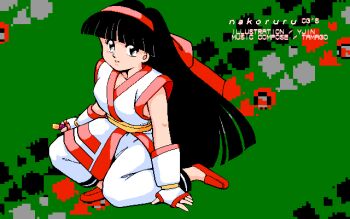  1girl arm_support black_hair breasts character_name english_text expressionless fingerless_gloves gloves grey_eyes hair_ribbon kneeling legs long_hair looking_at_viewer medium_breasts nakoruru pants pc-98_(style) pc98 pink_lips ribbon samurai_spirits snk solo the_king_of_fighters thighs very_long_hair weapon 