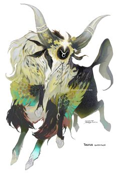  black_fur black_tail bull chain dated full_body grey_horns highres horns kamikiririp monster no_humans original simple_background taurus_(zodiac) twitter_username white_background white_fur zodiac 