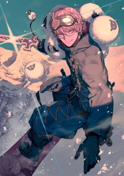  1boy black_boots black_gloves black_pants blue_coat blue_eyes blue_sky boots closed_mouth coat dynamic_pose fate/grand_order fate_(series) full_body glasses glint gloves goggles goggles_on_head grey_hair holding holding_sword holding_weapon jacques_de_molay_(foreigner)_(fate) jacques_de_molay_(saber)_(fate) kuroboshi_kouhaku long_sleeves looking_at_viewer male_focus mountain official_art pants sheep short_hair sky smile snow snowboarding solo stuffed_animal stuffed_toy sword third-party_source weapon 