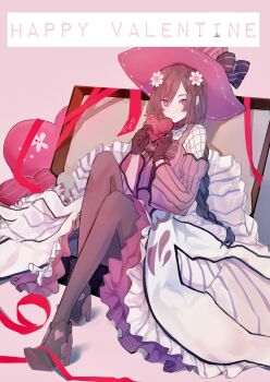  1girl braid brown_hair commentary_request fishnet_fabric fishnet_top fishnets flower hair_between_eyes hair_flower hair_ornament happy_valentine hat heart heart-shaped_pupils highres hororopoppo long_hair looking_at_viewer ludmila_(rune_factory) pink_hat pointy_ears purple_eyes rune_factory rune_factory_5 solo striped_sleeves symbol-shaped_pupils twin_braids witch_hat yellow_pupils 