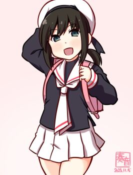  1girl alternate_costume artist_logo bag black_jacket brown_hair cardcaptor_sakura collared_shirt dated fubuki_(kancolle) grey_background jacket kanon_(kurogane_knights) kantai_collection logo long_sleeves looking_at_viewer necktie open_mouth pleated_skirt ponytail school_bag school_uniform shirt short_hair short_necktie short_ponytail skirt smile solo tomoeda_middle_school_uniform white_skirt 