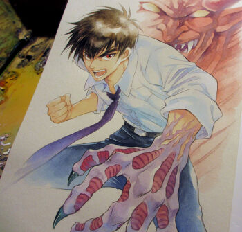  2boys agahari bakki_(jigoku_sensei_nube) belt black_belt black_hair blank_eyes blue_necktie blue_pants buttons claws clenched_hand collared_shirt colored_sclera colored_skin commentary_request cropped_legs demon_boy dress_shirt jigoku_sensei_nube legs_apart looking_at_viewer male_focus multiple_boys necktie nueno_meisuke open_mouth painting_(medium) pants photo_(medium) pointy_ears pointy_nose projected_inset red_eyes red_skin sharp_teeth shirt smile standing teeth traditional_media white_shirt yellow_sclera 