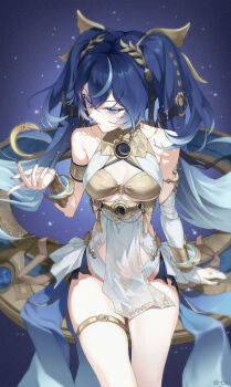  1girl ancient_greek_clothes armlet bare_shoulders blue_eyes blue_hair blue_nails breasts closed_mouth commentary fingernails gold_bra gradient_hair greco-roman_clothes hand_up highres iuno_(wuthering_waves) jewelry laurel_crown lis_(bilibili_12060312) long_hair medium_breasts multicolored_hair nail_polish sitting solo thighlet thighs twintails vambraces wuthering_waves 