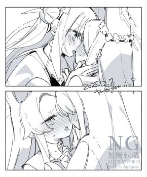  2girls after_kiss animal_ears blue_archive blush commentary eye_contact fox_ears greyscale hair_bun halo hand_on_another's_face highres long_hair looking_at_another mika_(blue_archive) monochrome multiple_girls open_mouth saliva saliva_trail seia_(blue_archive) single_side_bun tongue tongue_out watermark yun_(dust-i1) yuri 