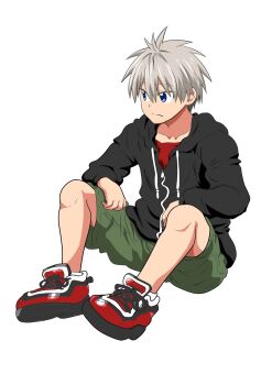  1boy black_hoodie blue_eyes closed_mouth collarbone commentary_request full_body green_shorts grey_hair highres hood hoodie long_sleeves male_focus red_shirt red_shoes shirt shoes short_hair shorts simple_background sitting solo take_(shokumu-taiman) uzaki-chan_wa_asobitai! uzaki_kiri white_background 