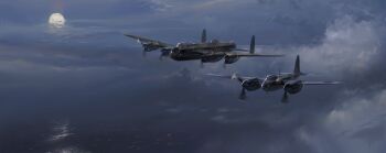  absurdres aircraft airplane avro_lancaster blue_sky bomber cloud cloudy_sky commentary cotact147 de_havilland_mosquito flare fleet flying full_moon high_up highres military military_vehicle moon night no_humans ocean original painterly propeller royal_air_force ship sky vehicle_focus warship watercraft world_war_ii 