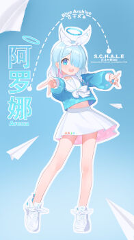  1girl :d absurdres arona_(blue_archive) artist_name blue_archive blue_eyes blue_hair blue_shirt braid character_name chinese_commentary chinese_text choker collarbone commentary_request copyright_name dotted_line english_text engrish_text hair_over_one_eye hair_ribbon hairband halo hide21find57 highres long_sleeves looking_at_viewer multicolored_hair open_mouth outline paper_airplane pink_hair pleated_skirt puffy_long_sleeves puffy_sleeves ranguage ribbon sailor_collar school_uniform serafuku shirt shoes single_braid skirt smile solo teeth translation_request twitter_username two-tone_hair upper_teeth_only v white_choker white_hairband white_outline white_ribbon white_sailor_collar white_shoes white_skirt 