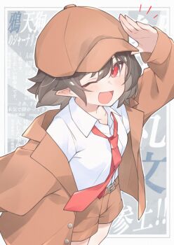 1girl belt blush brown_belt brown_hair brown_hat brown_jacket brown_shorts ch00suke collared_shirt commentary_request hat highres jacket long_sleeves looking_at_viewer loose_necktie necktie newsboy_cap no_wings one_eye_closed open_mouth pointy_ears red_eyes red_necktie shameimaru_aya shameimaru_aya_(newsboy) shirt shorts smile solo suit_jacket touhou translation_request white_shirt 