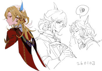  1boy annoyed bishounen blonde_hair blue_feathers braid cape closed_eyes closed_mouth commentary cropped_shoulders dated earrings expressionless feather_hair_ornament feathers flipped_bangs flipped_hair genshin_impact hair_ornament hand_on_own_forehead haun holding holding_quill jewelry kaveh_(genshin_impact) lineart long_hair looking_at_viewer male_focus multiple_views partially_colored profile quill red_cape red_eyes sideways_glance simple_background spoken_squiggle squiggle untranslatable_commentary white_background wolf_cut x_hair_ornament 