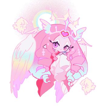  1girl absurdly_long_hair angel angel_wings bare_shoulders big_hair cape chibi chibi_only closed_mouth clothing_cutout colored_skin commentary cookie_run cookie_run:_kingdom dot_nose dress drill_hair eternal_sugar_cookie eyes_visible_through_hair feathered_wings forehead frilled_dress frills full_body gem hands_on_own_knees head_wings heart-shaped_gem humanization invisible_chair knees_up long_dress long_hair no_eyebrows pink_background pink_eyes pink_gem pink_hair pink_skin pointy_ears red_cape reed_(makuri_reed) shoulder_cutout sidelocks simple_background sitting slit_pupils smile solo sugar_of_happiness tiara two-tone_background untranslatable_commentary very_long_hair white_background white_dress white_eyeshadow white_tiara white_wings wings 