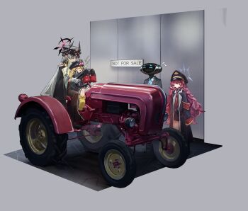  +++ 3girls android_(blue_archive) armband black_boots black_coat black_halo black_hat black_horns black_pantyhose black_shirt black_skirt blonde_hair blue_archive blue_eyes blue_necktie boots chinese_commentary coat coat_on_shoulders collared_shirt commentary commentary_request curved_horns demon_horns english_commentary english_text fluffy_hair flying_sweatdrops gradient_halo gradient_horns grey_background grey_eyes grey_hair grey_jacket grin hair_over_one_eye halo happy_aura hat highres horns ibuki_(blue_archive) iroha_(blue_archive) jacket long_hair long_sleeves loose_necktie makoto_(blue_archive) military_hat mixed-language_commentary motor_vehicle multicolored_halo multicolored_horns multiple_girls multiple_horns necktie on_lap open_mouth pantyhose peaked_cap pointy_ears porsche purple_halo red_armband red_hair red_halo red_horns red_necktie robot shirt sitting sitting_on_lap sitting_on_person skirt sleeves_past_wrists smile taru_kira tractor very_long_hair white_shirt yellow_boots yellow_eyes yellow_halo 