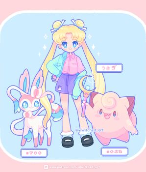  1girl bishoujo_senshi_sailor_moon blonde_hair blue_background blue_eyes character_name clefairy crossover double_bun dream_ball gen_1_pokemon gen_6_pokemon hair_bun highres holding holding_wand long_hair nintendo poke_ball pokemon pokemon_(creature) pokemon_team solo sylveon tsukino_usagi twintails viwitched_art wand 