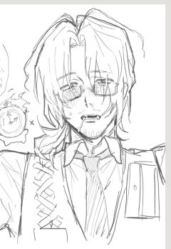 1boy 1other absurdres beard_stubble blush breast_pocket clock collared_shirt cropped_torso dante_(limbus_company) drooling eyes_visible_through_hair facial_hair fire formal_clothes glasses gregor_(project_moon) greyscale hair_intakes hair_over_shoulder half-closed_eyes highres id_card limbus_company lineart long_hair long_sleeves looking_at_viewer low_ponytail male_focus monochrome mouth_drool name_tag necktie nose_blush object_head open_mouth parted_bangs parted_lips pocket ponytail portrait pouch project_moon saliva saliva_trail semi-rimless_eyewear shirt simple_background sketch snot solo_focus stubble suit sweatdrop teeth under-rim_eyewear unfinished upper_body vest