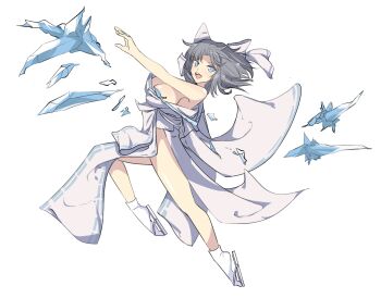  1girl :d bare_shoulders blue_eyes blush body_blush bow breasts cleavage commentary_request cryokinesis grey_hair hair_bow ice ice_crystal ice_shard icicle japanese_clothes jumping kimono large_breasts looking_at_viewer loose_kimono low_neckline memez1412 obi off_shoulder open_mouth pelvic_curtain revealing_clothes ribbon-trimmed_kimono ribbon_trim sandals sash senran_kagura senran_kagura_estival_versus senran_kagura_shinovi_versus shiny_skin short_hair simple_background smile socks solo striped_bow tabi tachi-e teeth tongue upper_teeth_only white_background white_bow white_kimono white_sandals white_socks yumi_(senran_kagura) 