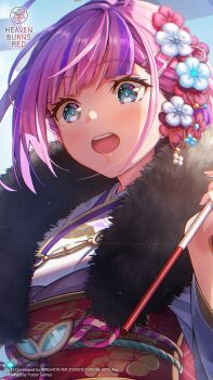  1girl :o ahoge arrow_(projectile) black_fur blue_eyes blue_sky blunt_bangs blush copyright_name copyright_notice date_akari date_akari_(good_luck_on_the_clear_winter) day downturned_eyes floral_print floral_print_kimono floral_print_sash flower fur-trimmed_kimono fur_trim furisode hair_bun hair_flower hair_ornament hamaya hand_up hatsumoude heaven_burns_red highres holding holding_arrow huge_ahoge japanese_clothes kanzashi kimono long_sleeves looking_down multicolored_hair new_year official_alternate_costume official_alternate_hairstyle official_art official_wallpaper open_mouth outdoors print_kimono print_sash purple_hair purple_streaks red_flower red_sash sash sidelighting sidelocks single_hair_bun sky solo streaked_hair surprised teeth upper_body upper_teeth_only white_flower white_kimono wide_sleeves 