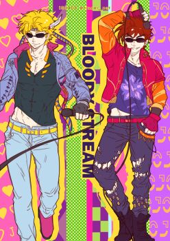  battle_tendency blonde_hair bloody_stream boots caesar_anthonio_zeppeli denim feather_hair_ornament feathers fingerless_gloves gloves hair_ornament hand_in_pocket headband jacket jeans jojo_no_kimyou_na_bouken joseph_joestar joseph_joestar_(young) midriff_peek official_alternate_costume pants purple_jacket red_hair red_jacket shirt spider_web_print studded_pants sunglasses tianel_ent tight_clothes tight_shirt torn_clothes torn_jeans torn_pants 