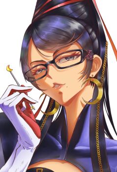 1girl absurdres bayonetta bayonetta_(series) bayonetta_1 black-framed_eyewear black_eyes black_hair candy commentary crescent crescent_earrings earrings eyelashes food glasses highres holding holding_candy holding_food holding_lollipop jewelry lollipop long_hair looking_at_viewer mole mole_under_mouth parted_bangs parted_lips pink_lips rosscuso simple_background solo swept_bangs upper_body white_background 