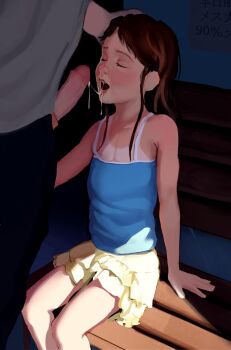  1boy 1girl after_fellatio age_difference blue_camisole blush brown_hair camisole closed_eyes cum cum_string cumdrip eyelashes feet_out_of_frame flat_chest hand_on_another's_head hetero japanese_text lips loli long_hair nose open_mouth penis penis_close_to_face sayama_chie shoujo_ramune sitting skirt solo_focus supeku tan tanline teeth translation_request two-tone_camisole uncensored upper_teeth_only white_camisole yellow_skirt 
