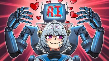  1girl ahoge animal_ear_fluff animal_ears bell blue_sailor_collar cat_ears cat_girl closed_mouth commentary english_commentary eyelashes fang filian_(vtuber) glitch hair_bell hair_intakes hair_ornament heart indie_virtual_youtuber monitor nervous_smile nervous_sweating official_art purple_eyes rindo_(vrchat) robot sailor_collar second-party_source shikuisowned skin_fang smile sweat turtleneck video_thumbnail virtual_youtuber wavy_mouth white_hair youtube_video_thumbnail 