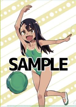  1girl 774_(nanashi) :d arm_up armpits black_hair breasts brown_eyes fang food fruit green_one-piece_swimsuit ijiranaide_nagatoro-san long_hair looking_at_viewer melon nagatoro_hayase official_art one-piece_swimsuit one-piece_tan open_mouth sample_watermark skin_fang small_breasts smile solo swimsuit tan tanline watermark 