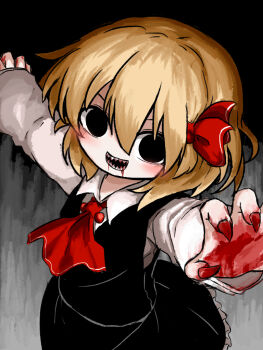  1girl ascot black_eyes black_skirt black_vest blonde_hair blood blood_in_mouth blood_on_hands blood_on_teeth blush bow collared_shirt commentary_request fingernails frilled_skirt frills from_above hair_bow heripantomorrow long_sleeves neck_bobbles open_mouth outstretched_arms red_ascot red_bow rumia sharp_fingernails sharp_teeth shirt short_hair skirt solo spread_arms teeth touhou vest white_shirt 