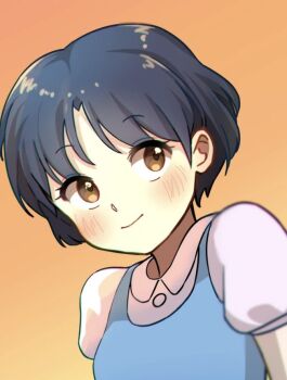 1girl blue_hair brown_eyes closed_mouth gradient_background hashtag-only_commentary orange_background protected_link puffy_short_sleeves puffy_sleeves ranma_1/2 short_hair short_sleeves smile solo tendou_akane tokito_rk 