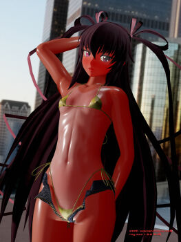  1girl 3d artist_request bikini blush breasts brown_hair city highres long_hair long_twintails looking_at_viewer micro_bikini mizuki_yukikaze nipples one-piece_tan open_clothes open_shorts pink_eyes sarashina shiny_clothes shiny_skin short_shorts shorts small_breasts solo swimsuit taimanin_(series) taimanin_yukikaze tan tanline thong_bikini twintails very_long_hair yellow_bikini 