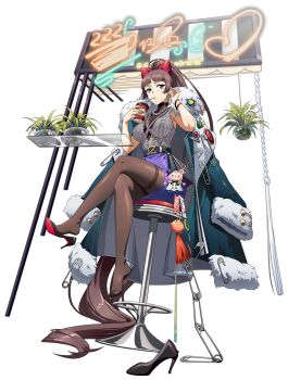  1girl absurdly_long_hair adjusting_hair awning azusa_(langrisser) badge bag bare_arms bare_shoulders belt between_breasts black_shoes blue_eyes blue_jacket blunt_bangs bracelet breasts brown_hair brown_pantyhose button_badge cable_knit cafe chain chain_necklace charm_(object) crossed_legs cup display disposable_cup drink drinking drinking_straw drinking_straw_in_mouth earrings full_body fur-trimmed_jacket fur-trimmed_sleeves fur_trim game_cg glass_table grey_shirt hair_ribbon hand_in_own_hair handbag hanging_plant high_heels high_ponytail highres holding holding_cup holding_drink hoop_earrings jacket jacket_on_shoulders jewelry langrisser langrisser_mobile large_breasts long_hair looking_at_viewer necklace official_alternate_costume official_art on_stool open_clothes open_jacket oversized_object pantyhose plant plunging_neckline ponytail potted_plant pumps purple_skirt red_ribbon ribbed_sweater ribbon safety_pin second-party_source see-through_cleavage see-through_clothes shirt shoe_dangle shoes shop shoulder_bag sign simple_background sitting skirt sleeveless sleeveless_shirt sleeveless_sweater solo stool storefront strap_between_breasts sweater table tachi-e tassel thighband_pantyhose transparent_background unworn_shoes unzipped very_long_hair 