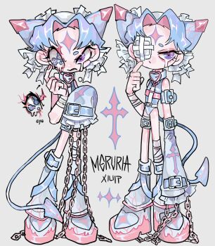 1girl amatou_akuma bandage_over_one_eye bandaged_arm bandaged_leg bandages bandaid bare_shoulders belt belt_collar blue_belt blue_eyes blue_hair blue_shoes blue_strap buckle chain chained character_name closed_mouth collar colored_inner_hair colored_shoe_soles cross cross_print crying crying_with_eyes_open demon_girl demon_horns demon_tail dripping dripping_eye english_text eyeball eyepatch frills full_body gradient_hair grey_background hair_intakes hand_up hands_up heart highres horns index_finger_raised jewelry leotard looking_at_viewer looking_to_the_side medical_eyepatch multicolored_eyes multicolored_hair multicolored_shoes multiple_belts multiple_eyes multiple_views no_nose one_eye_covered original parted_bangs parted_lips piercing pink_buckle pink_eyes pink_hair pink_shoes pink_veins shoes short_hair simple_background single_sleeve sleeveless socks solo sparkle sparkle_print standing symbol-shaped_pupils tail tears two-tone_eyes two-tone_hair two-tone_shoes veiny_print veiny_tail white_headdress x-shaped_pupils