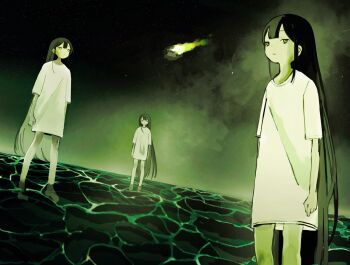 3girls arms_at_sides caustics center-flap_bangs clone commentary_request expressionless green_theme highres horizon kodama_madako long_hair meteor multiple_girls original oversized_clothes oversized_shirt shirt sky star_(sky) starry_sky surreal t-shirt very_long_hair wading water white_shirt