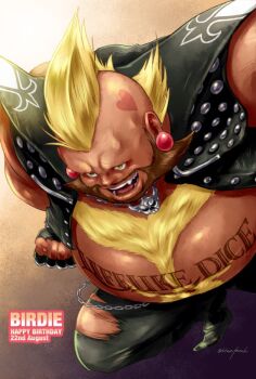  1boy angie_(kani-ga-tobuna) beard big_belly birdie_(street_fighter) chain chest_tuft facial_hair fat fat_man fighting_stance fingerless_gloves foreshortening from_above gloves looking_ahead male_focus mohawk multiple_girls muscular muscular_male navel navel_hair solo street_fighter street_fighter_i thick_beard thick_navel_hair 