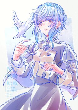  1girl bird blue_hair braid brown_dress brown_eyes brown_jacket commentary crown_braid dove dress fire_emblem fire_emblem:_three_houses garreg_mach_monastery_uniform hand_up highres jacket light_smile long_sleeves looking_to_the_side marianne_von_edmund nintendo short_hair sidelocks solo twitter_username watermark yutohiroya 