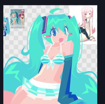  1girl aqua_hair arm_warmers blue_eyes commentary english_commentary hatsune_miku looking_at_viewer open_mouth photo-referenced sadi1v skirt smile solo swimsuit twintails vocaloid 