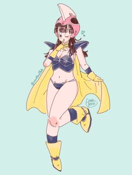  1girl armor bikini_armor black_socks blue_background boots breasts brown_eyes brown_hair cape cape_hold chi-chi_(dragon_ball) cleavage commentary_request dragon_ball eyelashes full_body gloves helmet highres leg_up long_hair looking_at_viewer navel one_eye_closed pink_helmet shoulder_armor socks solo twitter_username umetaro54db yellow_boots yellow_cape yellow_gloves 
