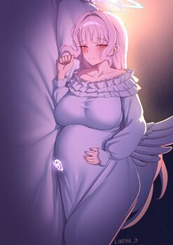  1girl blue_archive blush breasts brown_eyes collarbone dress halo hand_on_own_stomach highres large_breasts linear_71 long_hair looking_at_viewer low_wings lying mika_(blue_archive) on_bed on_side pink_hair pink_halo pregnancy_halo pregnant smile solo white_dress white_wings wings 