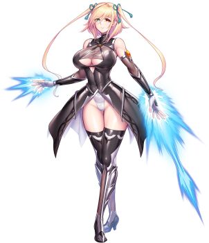  1girl :> bare_legs bare_shoulders blonde_hair breasts cleavage_cutout clothing_cutout covered_navel curvy energy_sword energy_weapon female_focus fingerless_gloves full_body game_cg gloves green_eyes hair_ribbon heterochromia highleg highleg_leotard highres impossible_clothes impossible_leotard japanese_clothes large_breasts leotard leotard_under_clothes lilith-soft long_hair looking_at_viewer mole mole_under_eye red_eyes revealing_clothes ribbon shinganji_kaede shiny_skin solo standing sword taimanin_(series) taimanin_kurenai taimanin_rpgx taimanin_suit transparent_background twintails very_long_hair weapon white_leotard wide_hips zol 