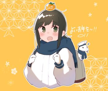  1girl 2025 :d absurdres alternate_costume backpack bag blue_scarf blush brown_hair chinese_zodiac coat commentary_request cropped_torso food food_on_head fruit fubuki_(kancolle) gloves green_eyes grey_bag happy_new_year highres holding_strap kantai_collection long_sleeves looking_at_viewer low_ponytail ma_rukan mandarin_orange medium_hair new_year object_on_head open_mouth orange_(fruit) orange_background ponytail scarf sidelocks simple_background smile snake solo translation_request upper_body white_coat white_gloves white_snake winter_clothes year_of_the_snake 