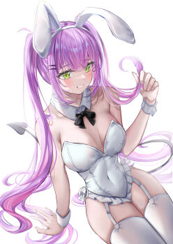  1girl absurdres animal_ears bare_shoulders breasts cocoa2080 covered_navel demon_girl demon_tail detached_collar fake_animal_ears garter_straps green_eyes hair_ornament hairclip highres hololive leotard long_hair multicolored_hair parallel_hairclips pink_hair playboy_bunny purple_hair rabbit_ears simple_background sitting solo strapless strapless_leotard streaked_hair tail thighhighs tokoyami_towa twintails virtual_youtuber white_background white_leotard white_thighhighs white_wrist_cuffs wrist_cuffs 