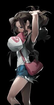  1girl bag baseball_cap black_vest blue_eyes breasts brown_hair commentary_request cutoffs denim denim_shorts exposed_pocket firstsun_d hat highres hilda_(pokemon) holding holding_unworn_clothes holding_unworn_hat korean_commentary long_hair mouth_hold nintendo open_clothes open_vest poke_ball_print pokemon pokemon_bw shirt shorts shoulder_bag sidelocks simple_background solo tying_hair unworn_hat unworn_headwear vest white_shirt 