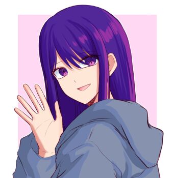  1girl border from_behind grey_hoodie hashtag-only_commentary hood hoodie hoshino_ai lily_rong long_hair oshi_no_ko pink_background purple_eyes purple_hair simple_background solo star-shaped_pupils star_(symbol) symbol-shaped_pupils upper_body waving white_border 