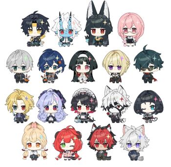  6+boys 6+girls alice_thymefield animal_ear_fluff animal_ears asaba_harumasa astra_yao bangboo_(zenless_zone_zero) belle_(zenless_zone_zero) black_hair blonde_hair blue_skin c_ixxp cat_boy cat_ears cat_tail chibi chibi_only colored_skin commentary earrings ellen_joe eous_(zenless_zone_zero) evelyn_chevalier fins fish_tail flower fox_ears fox_girl furry furry_male glasses hair_ornament hairband headband heterochromia highres holding holding_flower horns hoshimi_miyabi hugo_vlad jane_doe_(nocturne_of_light)_(zenless_zone_zero) jane_doe_(zenless_zone_zero) jewelry komano_manato lighter_(zenless_zone_zero) long_hair maid mouse_ears mouse_girl mouse_tail multicolored_hair multiple_boys multiple_girls one_eye_closed pink_hair rabbit rabbit_ears red_eyes red_flower seth_lowell shark_girl shark_tail sharkboo_(zenless_zone_zero) short_hair simple_background soukaku_(zenless_zone_zero) sparkle sunglasses symbol-only_commentary tail tailless_(zenless_zone_zero) tsukishiro_yanagi ukinami_yuzuha vivian_banshee von_lycaon watermark white_background white_hair wise_(zenless_zone_zero) wolf_boy wolf_ears wolf_tail zenless_zone_zero 