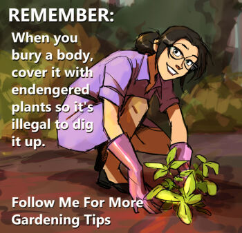  1girl black_hair ciorane commentary dress english_commentary english_text gardening gardening_tips_(meme) glasses gloves grin hair_blush implied_murder medium_dress meme miss_pauling plant purple_dress purple_gloves smile solo squatting team_fortress_2 
