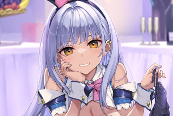  1girl bare_shoulders blue_hair blurry blurry_background bow bowtie breasts brown_eyes character_request cleavage commentary_request copyright_request cropped hand_on_own_cheek hand_on_own_face holding holding_panties holding_underwear holding_unworn_clothes indoors light_blush long_hair looking_at_viewer panties pink_bow pink_bowtie shirt sleeveless sleeveless_shirt smile solo takayaki underwear white_shirt 