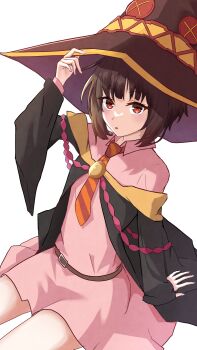  1girl :o absurdres arm_at_side arm_up belt black_cloak black_hair blunt_bangs blush brown_belt brown_hat cloak collared_shirt commentary cowboy_shot diagonal-striped_clothes diagonal-striped_necktie dutch_angle hand_on_headwear hat highres kono_subarashii_sekai_ni_bakuen_wo! kono_subarashii_sekai_ni_shukufuku_wo! long_sleeves looking_at_viewer megumin miniskirt necktie no_ra339 open_mouth orange_necktie pink_shirt pink_skirt red_eyes red_prison_magic_school_uniform school_uniform shirt short_hair_with_long_locks simple_background sitting skirt solo striped_clothes two-tone_necktie white_background wide_sleeves witch_hat 