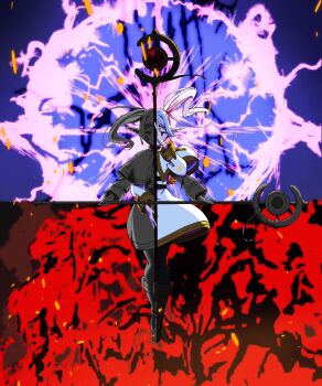  1girl black_pantyhose blue_background boots brown_footwear capelet clone covered_mouth dress earrings electricity elf explosion extra_arms floating floating_clothes floating_hair frieren fujimoto_kouki grey_hair hand_up highres holding holding_staff jewelry knee_boots legs_together long_hair long_sleeves looking_at_viewer magic pantyhose partially_colored pointy_ears red_background sousou_no_frieren split_screen split_theme staff straight-on striped_clothes twintails white_capelet white_dress white_hair 