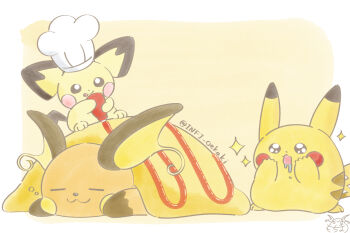  :3 black_eyes chef_hat commentary_request drooling evolutionary_line food gen_1_pokemon gen_2_pokemon hat ketchup licking_lips mochimaro_(infj_oekaki) nintendo no_humans omelet omurice open_mouth pichu pikachu pokemon pokemon_(creature) raichu sparkling_eyes tongue tongue_out twitter_username 